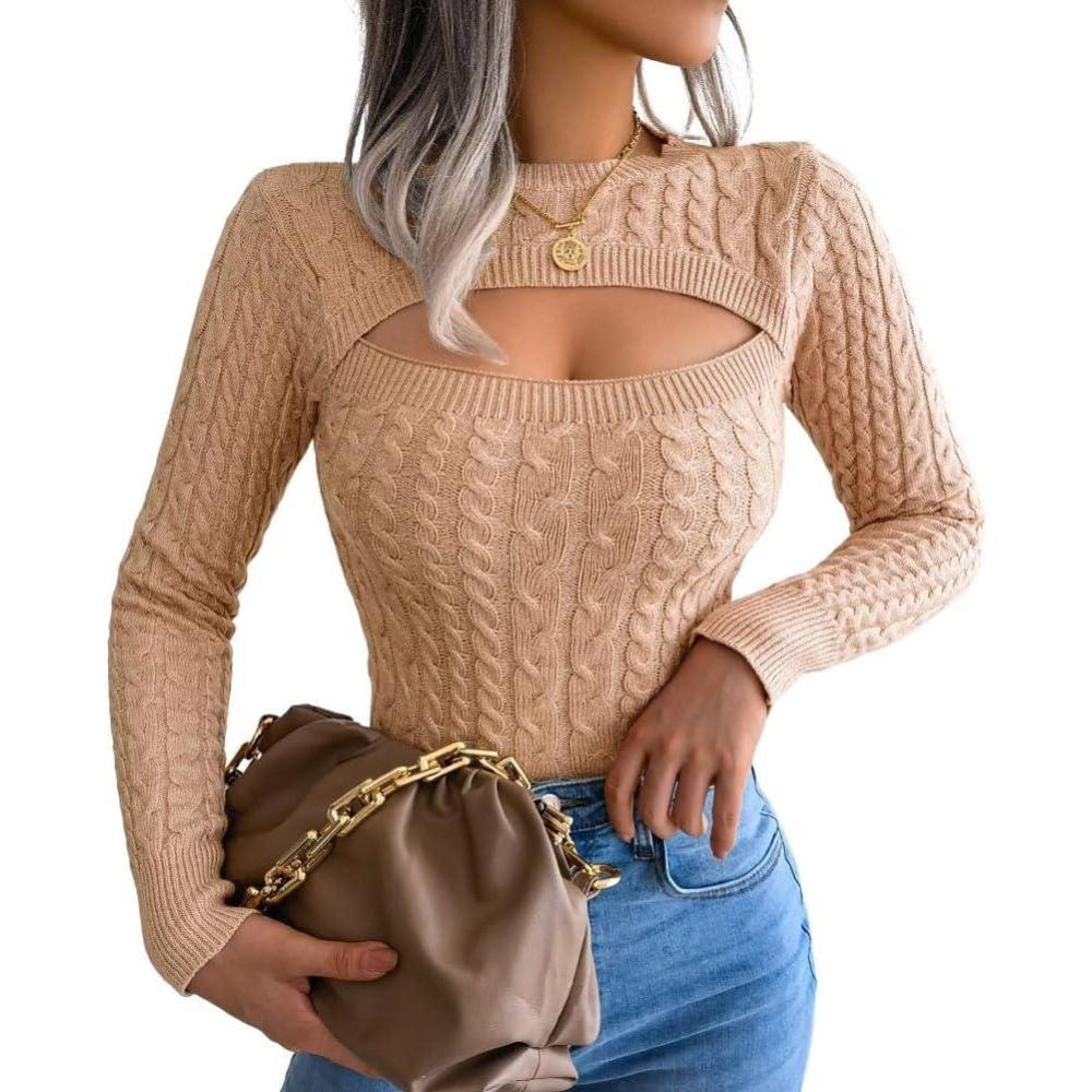 imageCHARTOU Womens Sexy Cut Out Front Chunky Cable Knit Fitted Sweater TopsKhaki