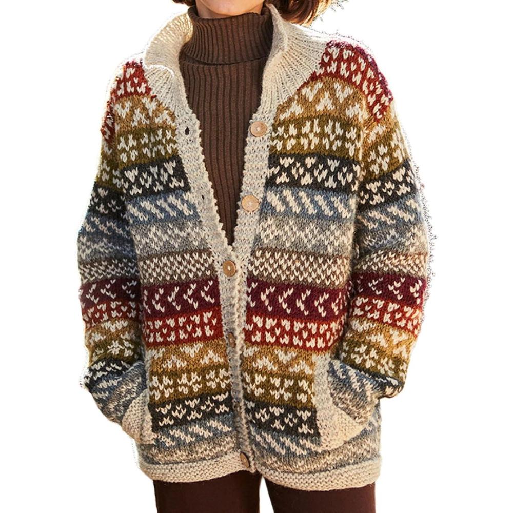 imageCHARTOU Womens Vintage Fair Isle Knit Cardigan Oversized Boho Floral Knitted Sweater Jacket with PocketsBrown