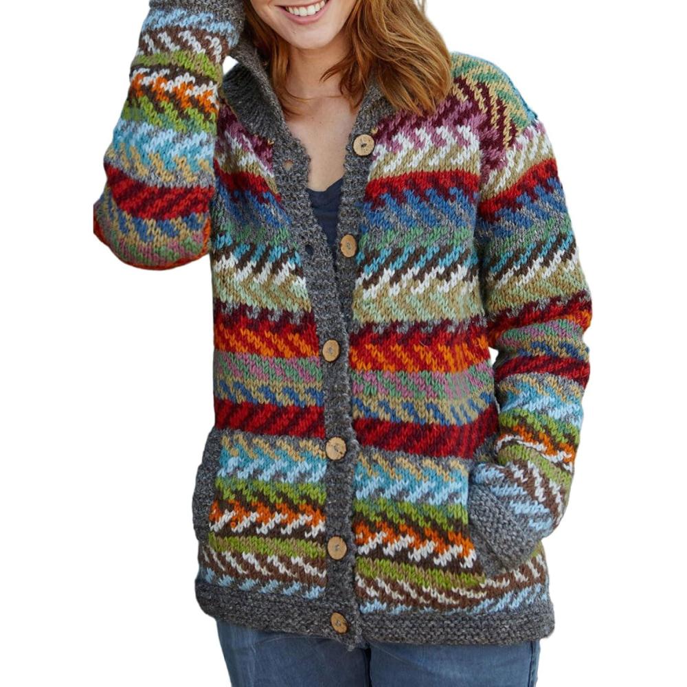 imageCHARTOU Womens Vintage Fair Isle Knit Cardigan Oversized Boho Floral Knitted Sweater Jacket with PocketsGreen