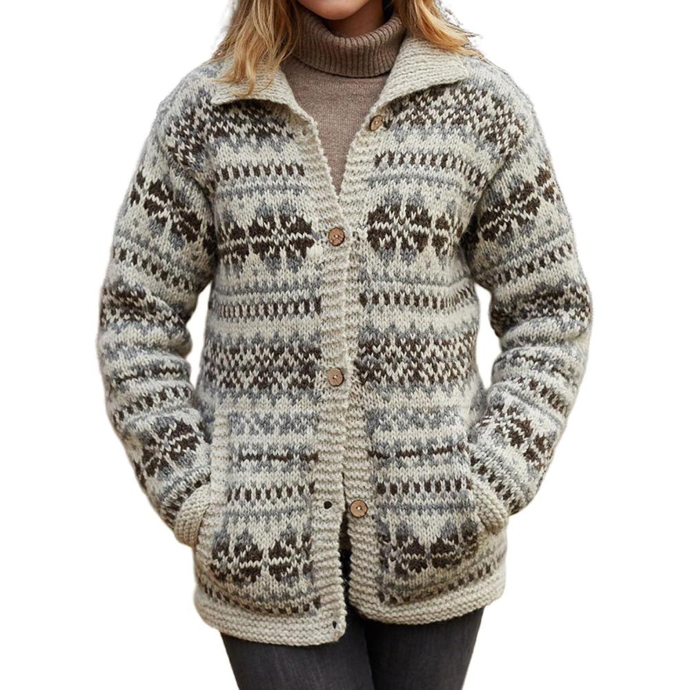 imageCHARTOU Womens Vintage Fair Isle Knit Cardigan Oversized Boho Floral Knitted Sweater Jacket with PocketsGrey