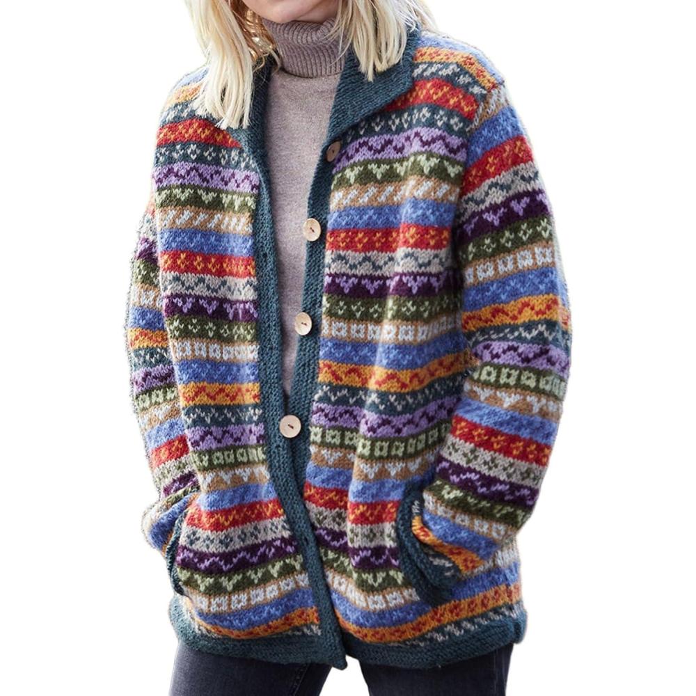 imageCHARTOU Womens Vintage Fair Isle Knit Cardigan Oversized Boho Floral Knitted Sweater Jacket with PocketsPurple