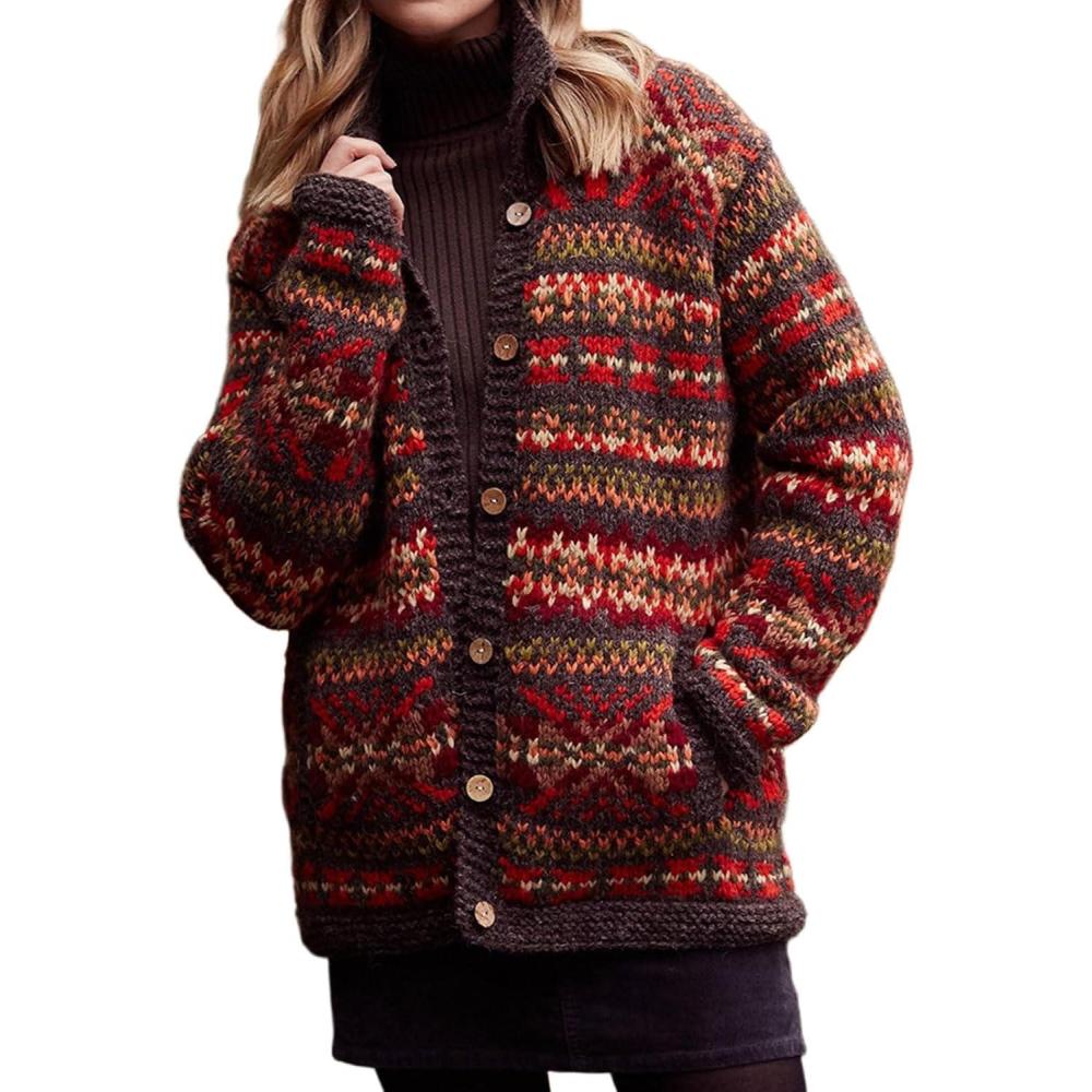imageCHARTOU Womens Vintage Fair Isle Knit Cardigan Oversized Boho Floral Knitted Sweater Jacket with PocketsRed