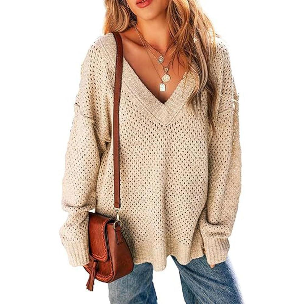 imageCHARTOU Womens Waffle Long Sleeve V Neck Knit Pullover Sweater Oversized Side Slit Cardigan Fall OutwearsBeige