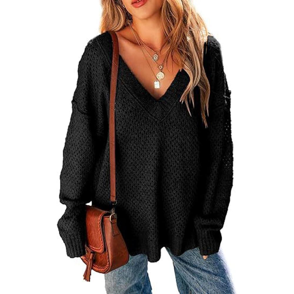 imageCHARTOU Womens Waffle Long Sleeve V Neck Knit Pullover Sweater Oversized Side Slit Cardigan Fall OutwearsBlack