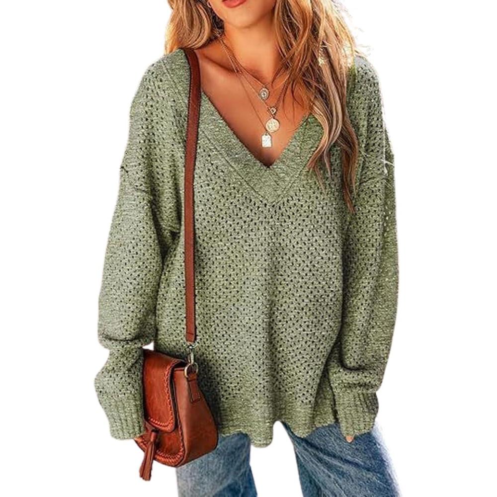imageCHARTOU Womens Waffle Long Sleeve V Neck Knit Pullover Sweater Oversized Side Slit Cardigan Fall OutwearsGreen