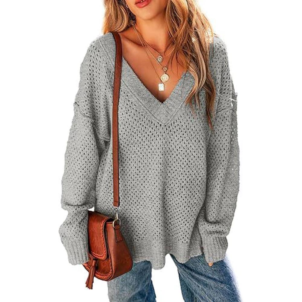 imageCHARTOU Womens Waffle Long Sleeve V Neck Knit Pullover Sweater Oversized Side Slit Cardigan Fall OutwearsGrey