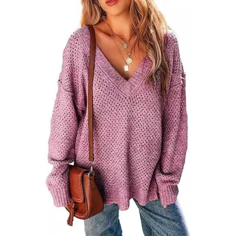 imageCHARTOU Womens Waffle Long Sleeve V Neck Knit Pullover Sweater Oversized Side Slit Cardigan Fall OutwearsPink