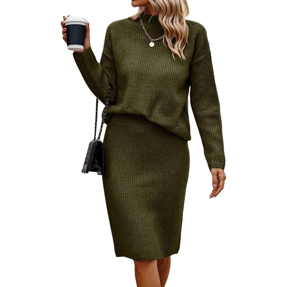 imageWomen 2 Piece Knit Sweater Skirt Set Midi Sweater Dress Long Sleeve Pullover Bodycon Knitted Skirt Set OutfitArmy Green