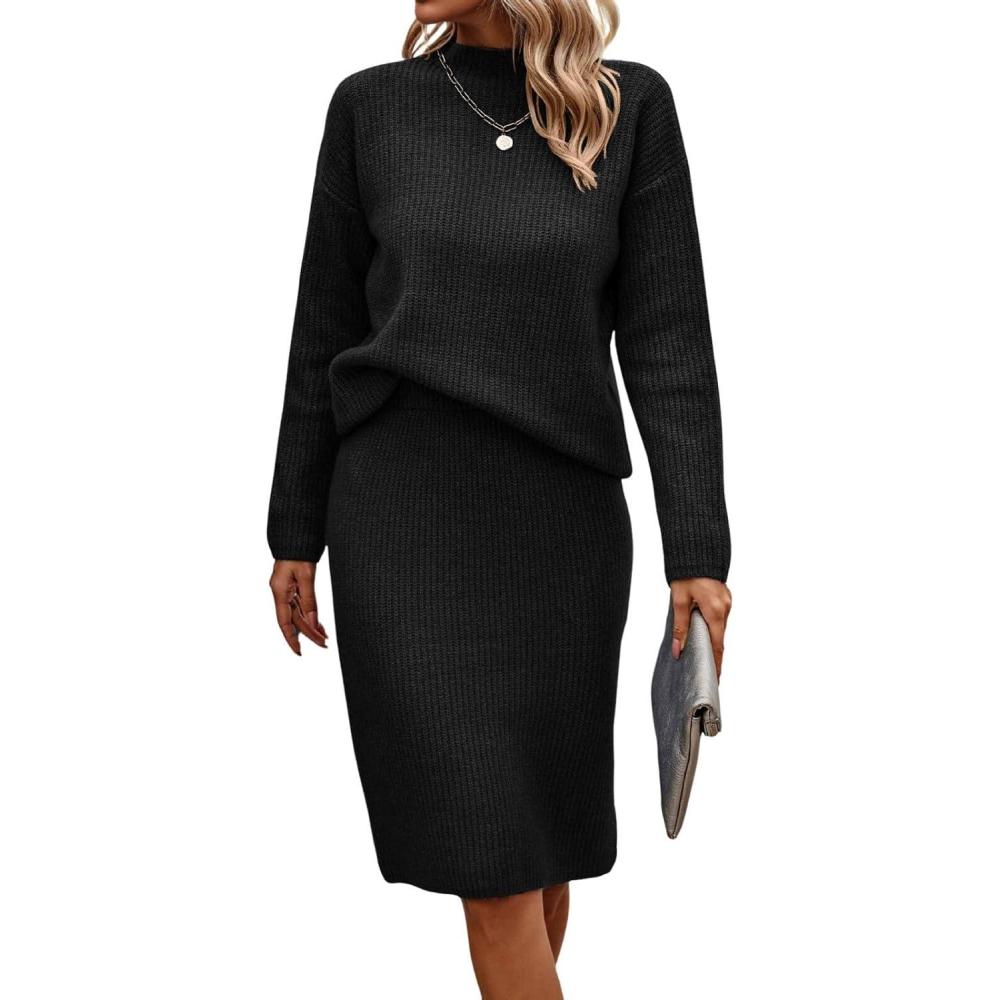 imageWomen 2 Piece Knit Sweater Skirt Set Midi Sweater Dress Long Sleeve Pullover Bodycon Knitted Skirt Set OutfitBlack
