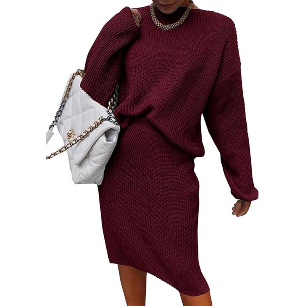 imageWomen 2 Piece Knit Sweater Skirt Set Midi Sweater Dress Long Sleeve Pullover Bodycon Knitted Skirt Set OutfitWine Red