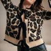 imageCHARTOU Leopard Cardigan Sweater for Women Y2k Tie Front Bow Cropped Cardigan Knit TopsBrown