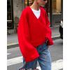 imageCHARTOU Women Cross Front Crop Pullover Sweater Oversized V Neck Lantern Long Sleeve Knit Jumper TopsRed