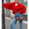 imageCHARTOU Women Cross Front Crop Pullover Sweater Oversized V Neck Lantern Long Sleeve Knit Jumper TopsRed