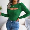 imageCHARTOU Womens Sexy Cut Out Front Chunky Cable Knit Fitted Sweater TopsGreen