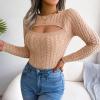 imageCHARTOU Womens Sexy Cut Out Front Chunky Cable Knit Fitted Sweater TopsKhaki