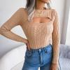 imageCHARTOU Womens Sexy Cut Out Front Chunky Cable Knit Fitted Sweater TopsKhaki