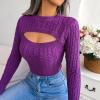 imageCHARTOU Womens Sexy Cut Out Front Chunky Cable Knit Fitted Sweater TopsPurple