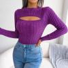 imageCHARTOU Womens Sexy Cut Out Front Chunky Cable Knit Fitted Sweater TopsPurple