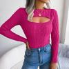 imageCHARTOU Womens Sexy Cut Out Front Chunky Cable Knit Fitted Sweater TopsRose