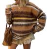 imageCHARTOU Women Contrast Striped Sweater Oversized Fuzzy Crewneck Pullover Fall Outfits Fashion KnitwearOrange Brown