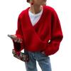 imageCHARTOU Women Cross Front Crop Pullover Sweater Oversized V Neck Lantern Long Sleeve Knit Jumper TopsRed