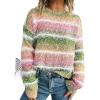 imageCHARTOU Women Fuzzy Contrast Striped Faux Fur Mink Pullover Sweater Fall Color Block Crewneck Jumper TopsGreen