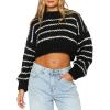 imageCHARTOU Womens Fall Cropped Sweater Chunky Knit Contrast Striped Winter Thick Sweater Pullover Cute TopsBlack