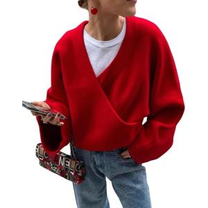 imageCHARTOU Women Cross Front Crop Pullover Sweater Oversized V Neck Lantern Long Sleeve Knit Jumper TopsRed