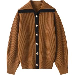 imageCHARTOU Women Fall Button Down Cardigan Sweaters Lapel Collar Dressy Casual Contrast Trim Knit Jacket Trendy OuterwearBrown