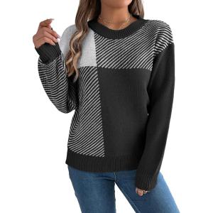 imageCHARTOU Women Fall Checker Sweaters Casual Crew Neck Knitted Pullover Sweater Jumper TopsBlack