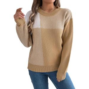 imageCHARTOU Women Fall Checker Sweaters Casual Crew Neck Knitted Pullover Sweater Jumper TopsKhaki