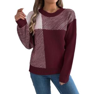 imageCHARTOU Women Fall Checker Sweaters Casual Crew Neck Knitted Pullover Sweater Jumper TopsWine