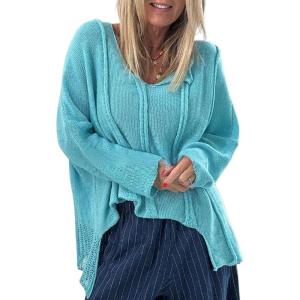 imageCHARTOU Women Lightweight Knit Sweater Fall Drape Lapel Crop Loose Pullover Casual Jumper OutwearBlue