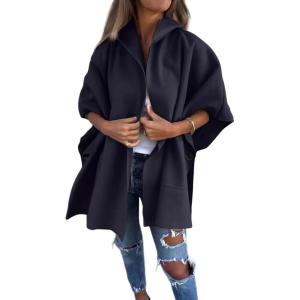 imageCHARTOU Women One Piece Poncho Jacket Cape Sleeve Shawl Neck Coat Casual Wrap Knit Open Front CardiganBlack