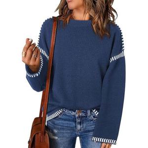 imageCHARTOU Women Oversized Cable Knit Sweater Long Sleeve Crewneck Knitted Sweater Pullover Jumper TopBlue