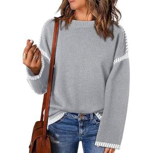 imageCHARTOU Women Oversized Cable Knit Sweater Long Sleeve Crewneck Knitted Sweater Pullover Jumper TopGrey