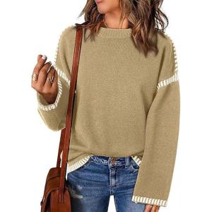 imageCHARTOU Women Oversized Cable Knit Sweater Long Sleeve Crewneck Knitted Sweater Pullover Jumper TopKhaki