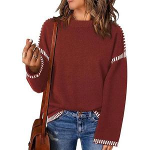 imageCHARTOU Women Oversized Cable Knit Sweater Long Sleeve Crewneck Knitted Sweater Pullover Jumper TopWine Red