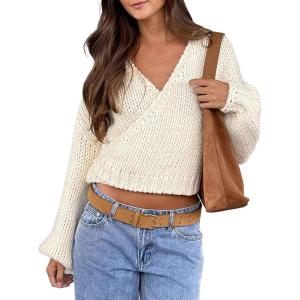 imageCHARTOU Women Plain Wrap Chunky Cardigan Tie Knot V Neck Oversized Cropped Sweater Fall OutfitsApricot