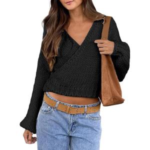 imageCHARTOU Women Plain Wrap Chunky Cardigan Tie Knot V Neck Oversized Cropped Sweater Fall OutfitsBlack