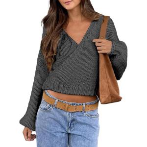 imageCHARTOU Women Plain Wrap Chunky Cardigan Tie Knot V Neck Oversized Cropped Sweater Fall OutfitsGrey