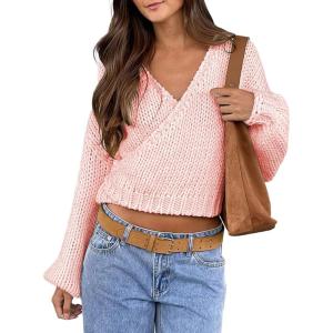 imageCHARTOU Women Plain Wrap Chunky Cardigan Tie Knot V Neck Oversized Cropped Sweater Fall OutfitsPink