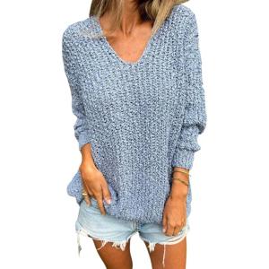 imageCHARTOU Women Slouchy Chunky Oversized Popcorn Knit v Neck Pullover Sweater Jumper TopsBlue