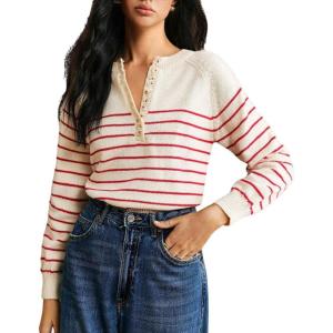 imageCHARTOU Women Striped Pullover Sweater Half Button Crew Neck Casual Sweater Jumper TopsRed