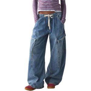 imageCHARTOU Women Wide Leg Baggy Jeans Barrel Drawstring Denim Pants Cargo Elastic Mid Waist SweatpantsBlue