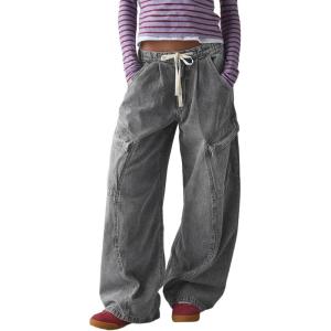imageCHARTOU Women Wide Leg Baggy Jeans Barrel Drawstring Denim Pants Cargo Elastic Mid Waist SweatpantsGrey