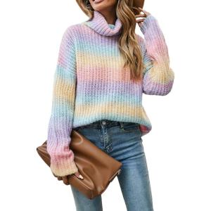 imageCHARTOU Womens Chunky Turtleneck Knit Rib Rainbow Gradient Color Sweater Jumper PulloverRainbow