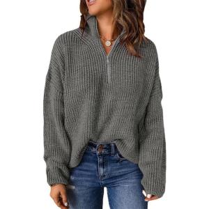 imageCHARTOU Womens Fall 14 Zipper BatWing Sleeve Oversized Sweatshirt Slouchy Jumper Pullover SweaterGrey