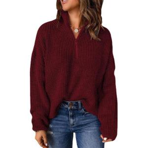 imageCHARTOU Womens Fall 14 Zipper BatWing Sleeve Oversized Sweatshirt Slouchy Jumper Pullover SweaterWine