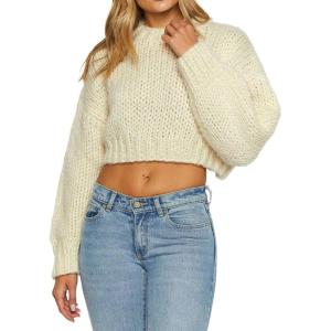 imageCHARTOU Womens Fall Cropped Sweater Chunky Knit Contrast Striped Winter Thick Sweater Pullover Cute TopsCream